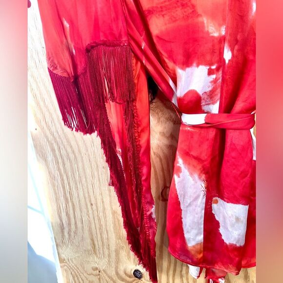 Rare KMilele Red Tie-Dye Kimono Boho Silk Top with tie fringe sleeves Sz M Gypsy - Picture 10 of 10